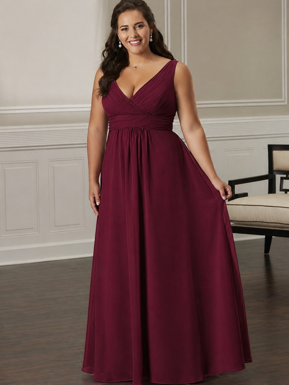 Christina Wu Red V-Neck Maxi Evening Gown